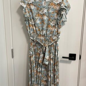 SHEIN Light Blue Floral Ruffle Sleeve Belted Maxi Dress